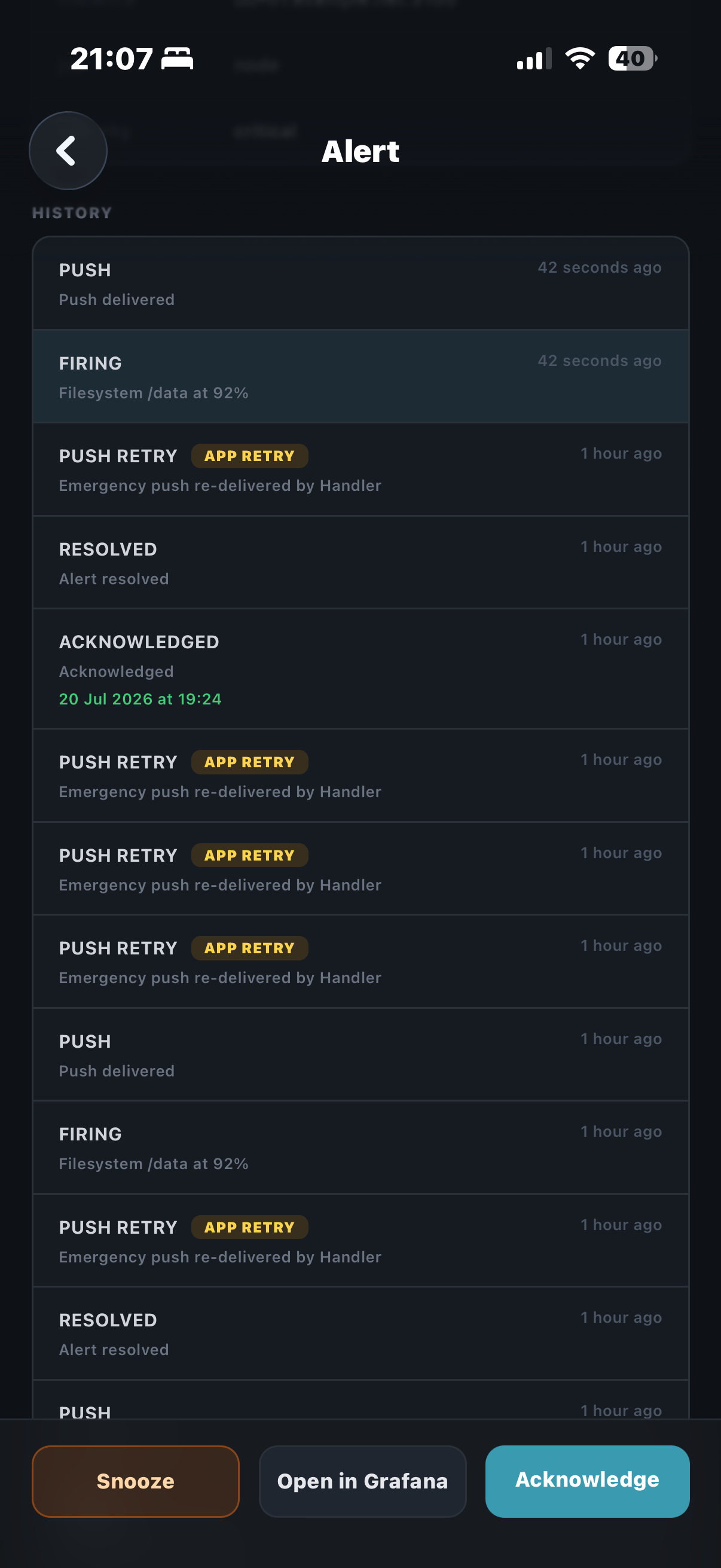 Alert details with history in Handler